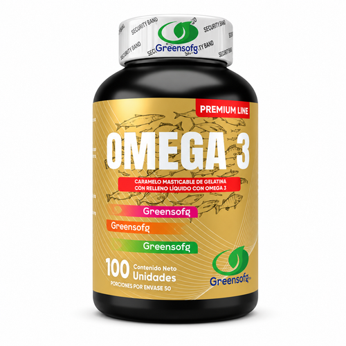OMEGA 3 CARAMELO MASTICABLE RELLENO LIQUIDO | GREENSOFG | EPA DHA VIT E+C 100 UND